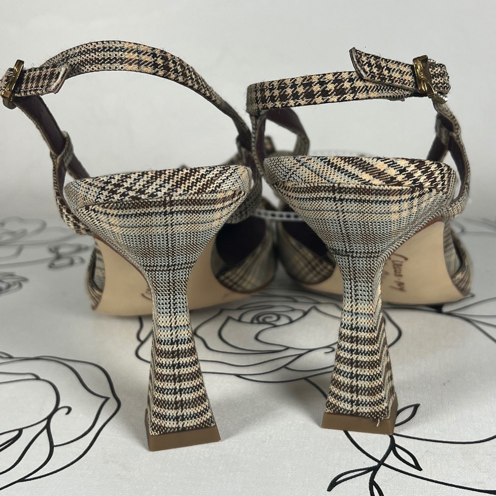 Circus by Sam Edelman Monica Plaid Slingback Pumps Kitten Heel Bow Tan Brown 10 - Picture 2 of 9